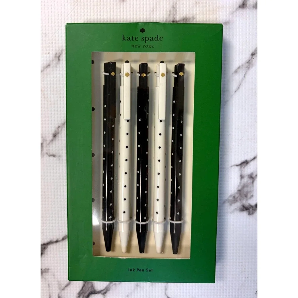 Kate Spade New York Black White‎ Dot Click Pen Set of 5 Black Ink Polka Dot New